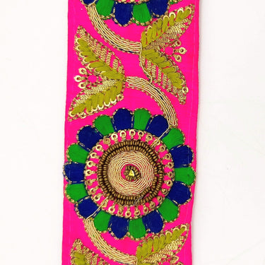 Fuchsia Art Silk Lace Trim, Floral Embroidery in Green and Blue, Hand Embroidered Border with Antique Gold beads and Gold Sequins